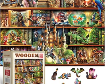 Rompecabezas de madera "Historias en cada estante" - Rompecabezas de madera de 1000 piezas - Rompecabezas únicos e inusuales con piezas moldeadas de Wooden.City