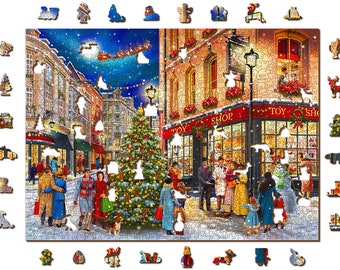 Wooden.City "Christmas Street" 500 1000 pcs - Wooden Jigsaw Puzzle Adults Teenagers Retro Nostalgia Unique Xmas Pieces Unusual Shapes