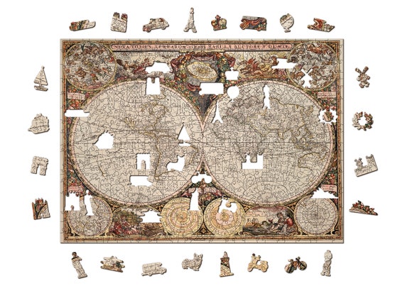 Puzzle in legno ANTIQUE WORLD MAP 150-600 pezzi / Puzzle per adulti / Puzzle  Lover Gift Moglie Regalo di compleanno / Puzzle unici / Regali di famiglia  -  Italia