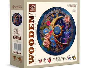 Wooden Puzzle Flower Moon 500 Pieces - Unique Unusual Jigsaw Puzzles with Animal Shaped Pieces - Wooden.City