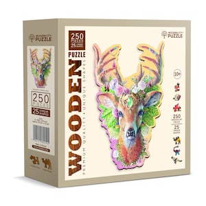 Wooden Puzzle Modish Deer 250 Pieces - Unique Unusual Jigsaw Puzzles with Animal Shaped Pieces - Wooden.City