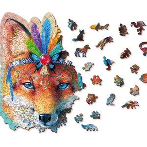 May include: A colourful wooden jigsaw puzzle featuring a fox wearing a headdress with feathers and a jewel. The puzzle is made up of many small pieces, each with a unique design.
