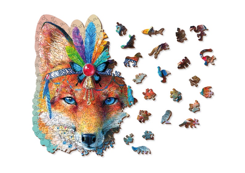 May include: A colourful wooden jigsaw puzzle featuring a fox wearing a headdress with feathers and a jewel. The puzzle is made up of many small pieces, each with a unique design.