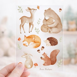 Könnte beinhalten: Eine transparente Stickerbogen mit Aquarellillustrationen von Waldtieren, darunter ein Reh, ein Bär, ein Fuchs, ein Igel, ein Eichhörnchen und ein Kaninchen. Der Stickerbogen hat den Text "Bear Nature" unten.