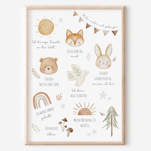 Könnte beinhalten: Ein gerahmter Kunstdruck mit Aquarellillustrationen von Sonne, Fuchs, Bär, Hase, Taube, Regenbogen und anderen Naturelementen. Der Druck enthält deutschen Text mit positiven Affirmationen und ist vor weißem Hintergrund.