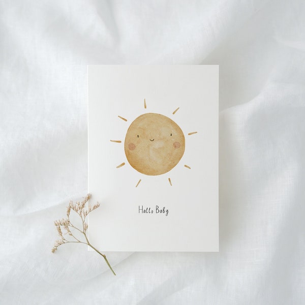 Postkarte zur Geburt mit Sonne "Hallo Baby" | Karte Geburt Baby Geburtskarte Babykarte Glückwunschkarte Geburt Aquarell schlicht