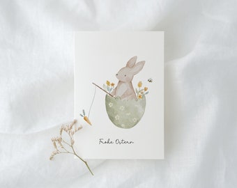Osterkarte Frohe Ostern Hase im Osterei | Geschenk Ostern Karte Osterhase Karotten Postkarte Grußkarte Ostern Geschenk Geschenkidee Kinder