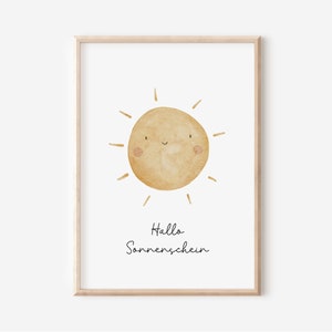 Poster Kinderzimmer "Hallo Sonnenschein" A4, A3 | Bilder Kinderzimmer Sonne Spruch Babyzimmer Boho Kunstdruck Wandbilder Kinderposter Set