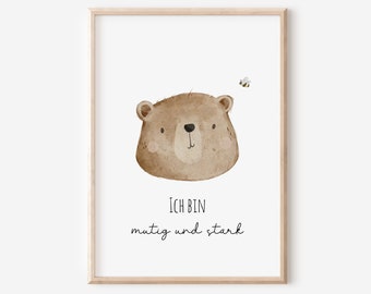 Poster Kinderzimmer Bär "Ich bin mutig und stark" A4, A3 | Affirmationsposter Affirmationen positive Glaubenssätze Bilder Babyzimmer Boho