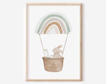 Poster Kinderzimmer Gans und Hase im Heißluftballon Mint A5, A4, A3, A2 | Bilder Set Boho Regenbogen Babyzimmer Wanddeko Babyzimmerdeko