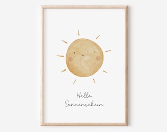 Poster Kinderzimmer "Hallo Sonnenschein" A4, A3 | Bilder Kinderzimmer Sonne Spruch Babyzimmer Boho Kunstdruck Wandbilder Kinderposter Set