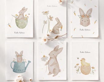 Osterkarten 6er Set | Frohe Ostern Karten Boho | Aquarell Hasen | Frühlingskarten schlicht | Ostergrußkarten Set minimalistisch | Postkarten