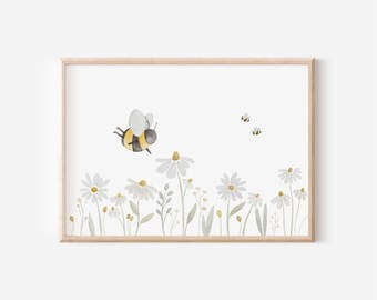 Poster Kinderzimmer Blumenwiese mit Bienen A4 & A3 | Bilder Kinderzimmer Frühling Kinderposter für Mädchen Junge Wandbilder Babyzimmer