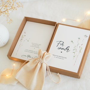 Geldgeschenk zur Hochzeit | Personalisierbare Karten mit Blumenmotiv auf Leinenkarton inkl. Baumwollsäckchen | Hochzeitsgeschenke Geld