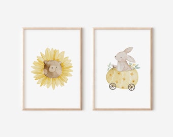 Poster Set Kinderzimmer Sonnenblumenbär und Hase im Ei-Auto A4 & A3 | Bilder Ostern Osterposter Frühling Kinderposter Frühlingsposter