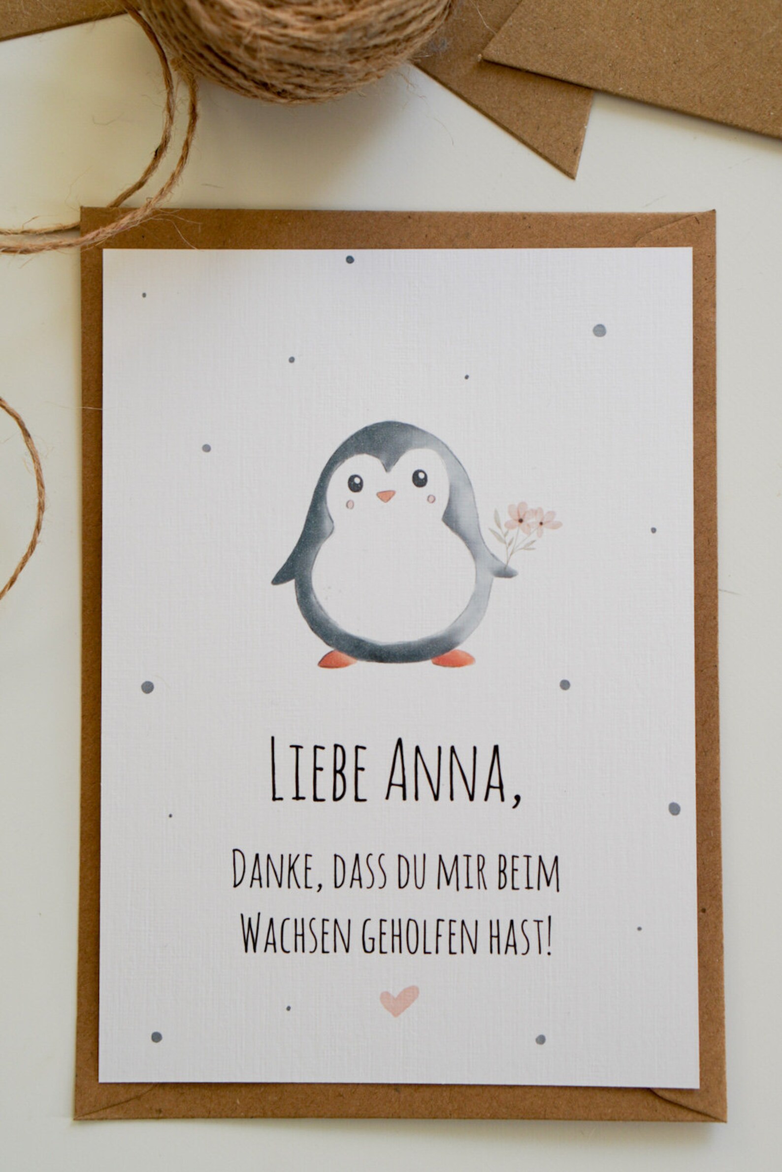 Karte Pinguin mit Name auf Leinenkarton Danke Geschenk | Etsy
