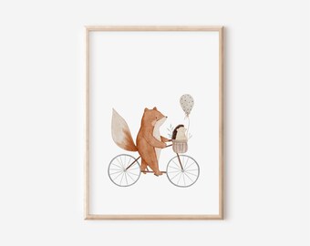 Poster Fahrradfuchs Fanny mit Igel und Ballon A4 & A3 personalisierbar  | Poster Kinderzimmer Mädchen Junge Baby Geschenk Geburt Wandbilder