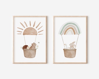 Bilder Set Kinderzimmer Tiere im Heißluftballon Mint A5, A4, A3, A2 | Poster Kinderzimmer Boho Regenbogen Babyzimmer Wanddeko Tiere Wanddeko