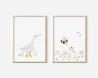 Bilder Set Kinderzimmer Gans und Blumenwiese A4 & A3 | Poster Kinderzimmer Frühling Kinderposter Kinder Baby Wandbilder Babyzimmer Deko