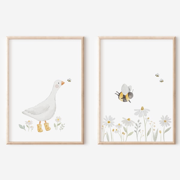 Bilder Set Kinderzimmer Gans und Blumenwiese A4 & A3 | Poster Kinderzimmer Frühling Kinderposter Kinder Baby Wandbilder Babyzimmer Deko