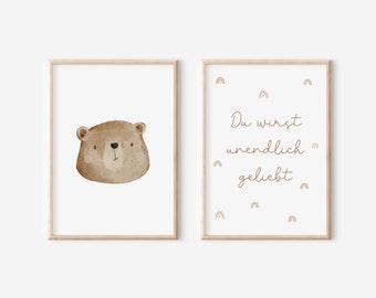 Wandbilder Kinderzimmer Poster 2er Set Bär & "Du wirst unendlich geliebt" A4/A3 | Bilder Bär Boho Regenbogen Babyzimmer Wanddeko Waldtiere