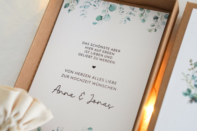 Geldgeschenk zur Hochzeit Personalisierbare Karten auf Leinenkarton inkl. Baumwollsäckchen Personalisierte Hochzeitsgeschenke Bild 4