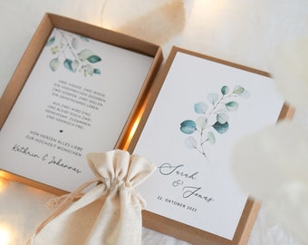 Geschenkbox zur Hochzeit | Personalisierbare Karten mit Eukalyptusmotiv auf Leinenkarton inkl. Baumwollsäckchen | Geldgeschenk Hochzeit