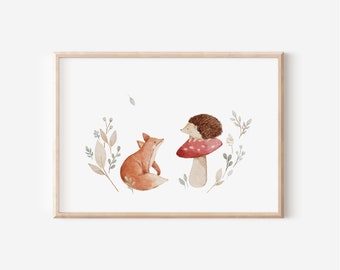 Poster Kinderzimmer Fuchs und Igel im Wald A4 & A3 | Bilder Kinderzimmer Frühling Tierposter Kinderposter Waldtiere Kinder Wandbilder