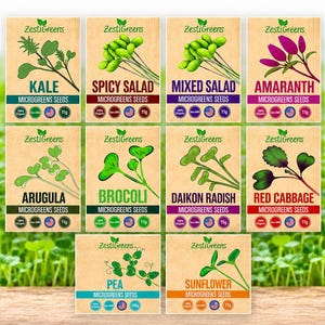 10-Variety Microgreens Seeds: Broccoli, Sunflower, Pea, Salad Mix, Daikon, Kale, Amaranth, Spicy Salad, Red Cabbage & Arugula.