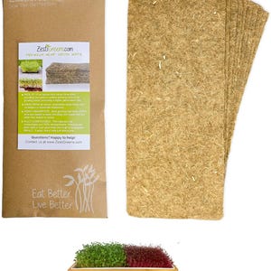 May include: A package of ZestiGreens hemp grow mats, with a small wooden tray of sprouts. The package has the text "ZestiGreens.com" and "Eat Better Live Better". The mats are a light brown color and are made of hemp.