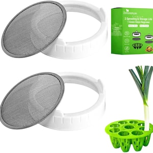 May include: Two white sprouting lids with stainless steel mesh screens, a green onion regrower, and a green box with text. The box reads "2 Sprouting & Storage Lids 1 Green Onion Regrower". The green onion regrower has a green base with multiple holes.