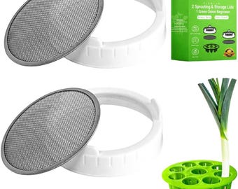 May include: Two white sprouting lids with stainless steel mesh screens, a green onion regrower, and a green box with text. The box reads "2 Sprouting & Storage Lids 1 Green Onion Regrower". The green onion regrower has a green base with multiple holes.