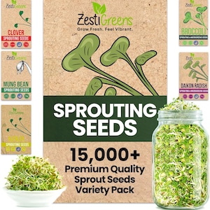 May include: A variety pack of sprouting seeds, including clover, mung bean, and daikon radish. The image features seed packets, a jar, and a bowl filled with sprouts. The text reads "Sprouting Seeds" and "15,000+ Premium Quality Sprout Seeds Variety Pack."