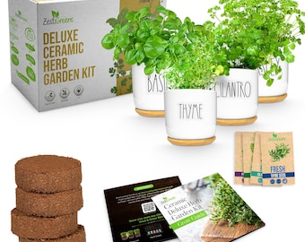 Ceramic Indoor Herb Kit 4 Set. Variety Herbs for Indoor & Outdoor – Get Growing with Pots, Potting Soil for Window Herb Garden.