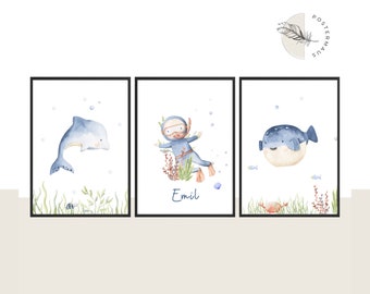 Taucher mit Meerestieren, Unterwasser, Geburtsposter, Kinderzimmer Poster, Kinderposter, Wal, Aquarell, Junge Kinderzimmer