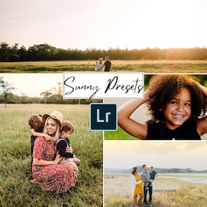 May include: A collage of four images featuring a family in a field. The first image shows a family of four walking away from the camera in a field. The second image shows a woman in a red floral dress with two children hugging her. The third image shows a young girl with curly hair smiling. The fourth image shows a family of three standing in a field with a body of water in the background. The text "Sunny Presets" and "Lr" are superimposed on the images.
