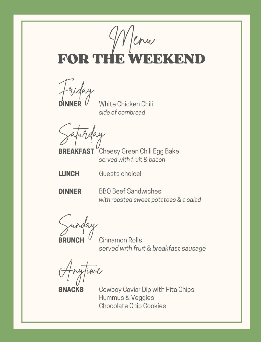 Guests for the Weekend Meal Planner - Menu, Grocery List, Recipes, and