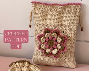 Crochet Flower Pouch Bag | EASY Pattern PDF Digital Download | Crochet Pattern | Drawstring Bag
