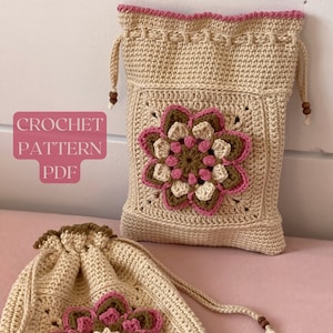 Crochet Flower Pouch Bag | EASY Pattern PDF Digital Download | Crochet Pattern | Drawstring Bag