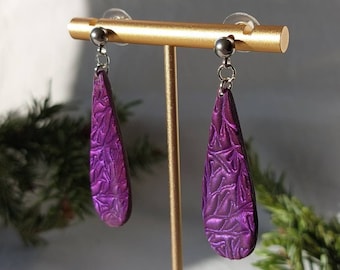 Purple Embossed polymer clay and brass earrings