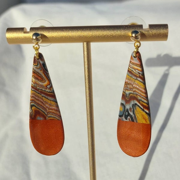 Mokume gane polymer clay earrings || gold tones || handmade earrings