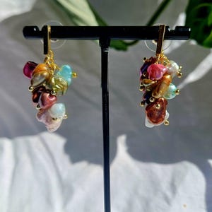 Multicoloured pearl cluster drop earrings | freshwater pearl earrings