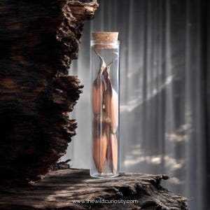 May include: A glass test tube with a cork stopper filled with dried brown seed pods. The test tube is sitting on a piece of weathered wood.