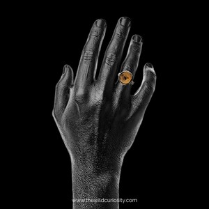 May include: A silver ring with a round, orange stone set in the center. The ring is worn on the middle finger of a hand with black painted skin.