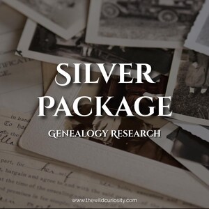 May include: A collection of vintage photographs and documents, with the text "SILVER PACKAGE GENEALOGY RESEARCH" in a bold, white font. The images are in black and white, and the documents appear aged.