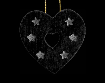 Heart & Fossil Star Stone Ornament | Dark Decor | Wooden Heart with Fossilised Star Crinoids | Gothic Decoration | Black Hanging Decor