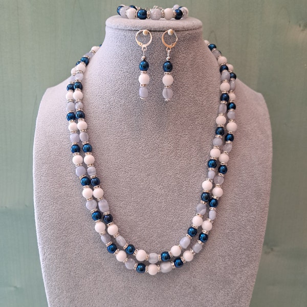 Elegant two-strand blue and white jewelry set, necklace, earrings, and bracelet, with chalcedony, jade, and hematite