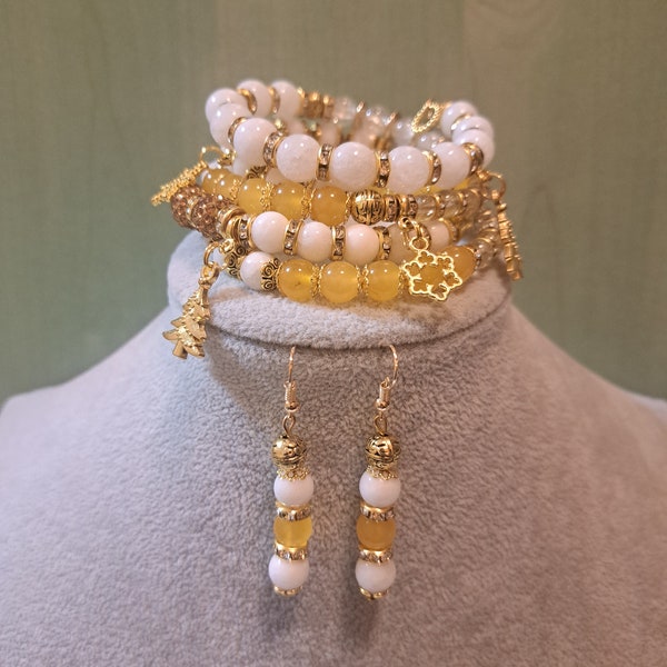 Lot de bracelet et boucles d'oreilles en fil métallique pour Noël avec agate blanche, jade et perles de cristal