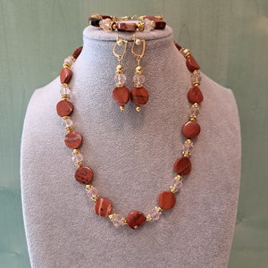 Red agate, crystal and golden hematite jewelry set