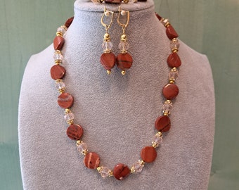 Parure de bijoux élégante en agate rouge, collier, boucles d'oreilles et bracelet, avec cristaux